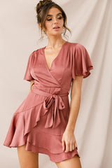 Cami Angel Sleeve Faux Wrap Dress Rose