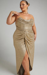 Adrie Midi Dress - Strapless Corset Bodice Dress in Gold