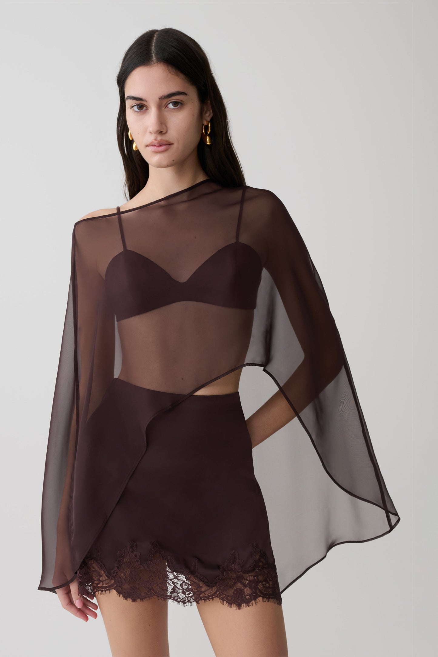 Kirstine Bralette With Chiffon Cape - Chocolate