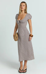 Bernice Midi Dress - Gingham Scoop Neck A Line Dress in Chocolate Gingham
