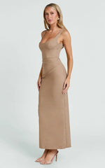 Benita Midi Dress - Scoop Neck Ruched Fitted Dress in Mocha