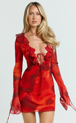Alesya Mini Dress - Ruffle Plunge Neck Long Sleeve Tie Detail Dress in Abstract Adeana Print