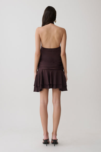 Poppy Satin Halter Mini Dress - Chocolate