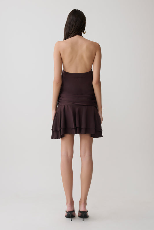 Poppy Satin Halter Mini Dress - Chocolate