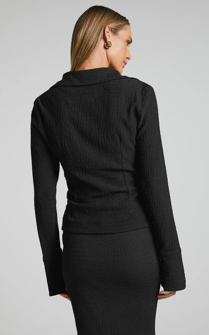 Althea Top - Knot Front Long Sleeve Top in Black