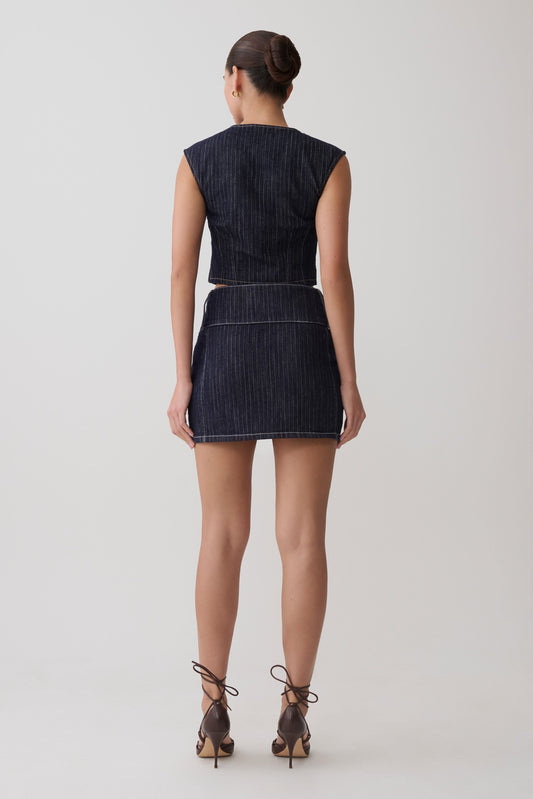 Loraine Mid Rise Denim Mini Skirt - Indigo Pinstripe