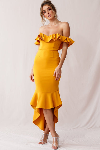 Cloud 9 Bardot Neckline Corset Back Dress Mustard