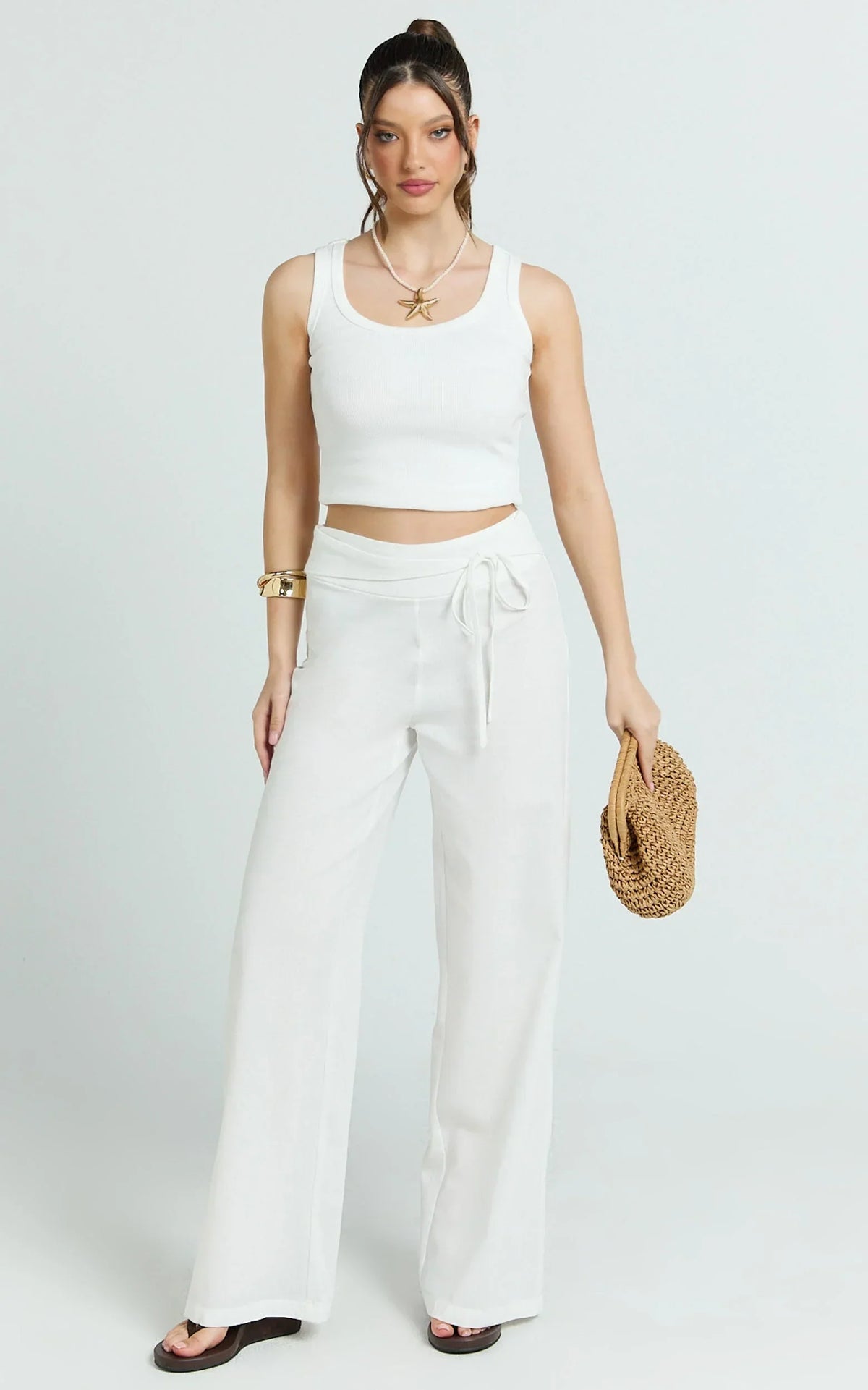Alva Pants - High Waisted Front Tie Wide Leg Pants in White