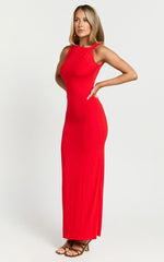 Aisha Maxi Dress - Sleeveless Twist Strap Bodycon Dress in Red