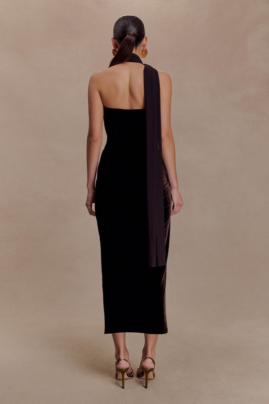 Mattea Velvet Midi Dress With Scarf - Chocolate