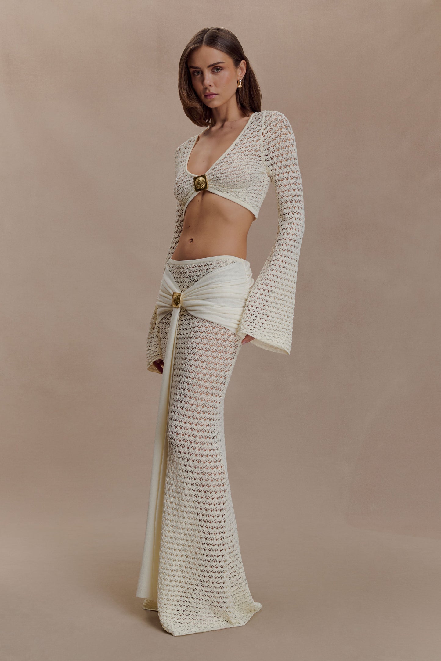 Mania Crochet Long Sleeve Cropped Top - Ivory