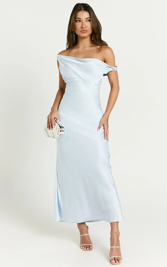 Alexia Midi Dress - One Shoulder Bust Slip Dress in Ice Blue