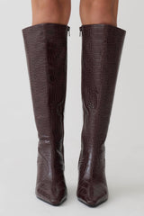 Sarah Faux Leather Crocodile Boot - Chocolate