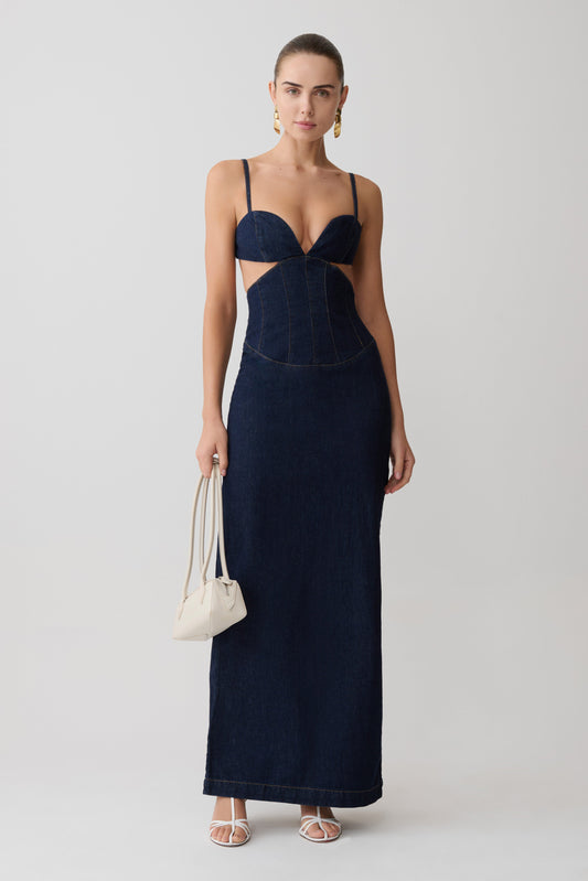 Amila Denim Cupped Maxi Dress - Indigo Blue