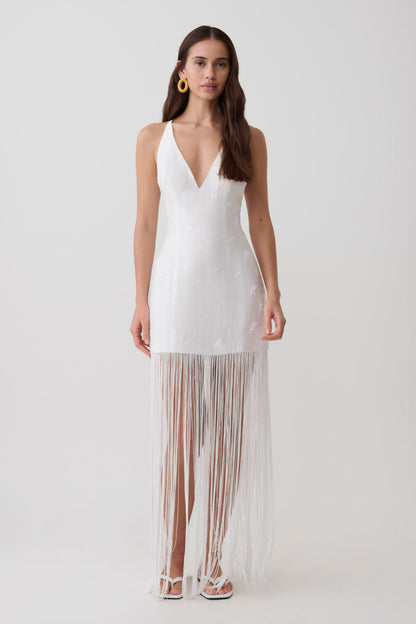 Abigail V Neck Fringe Maxi Dress - White