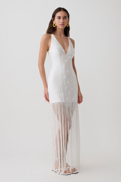 Abigail V Neck Fringe Maxi Dress - White