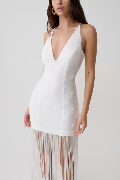 Abigail V Neck Fringe Maxi Dress - White