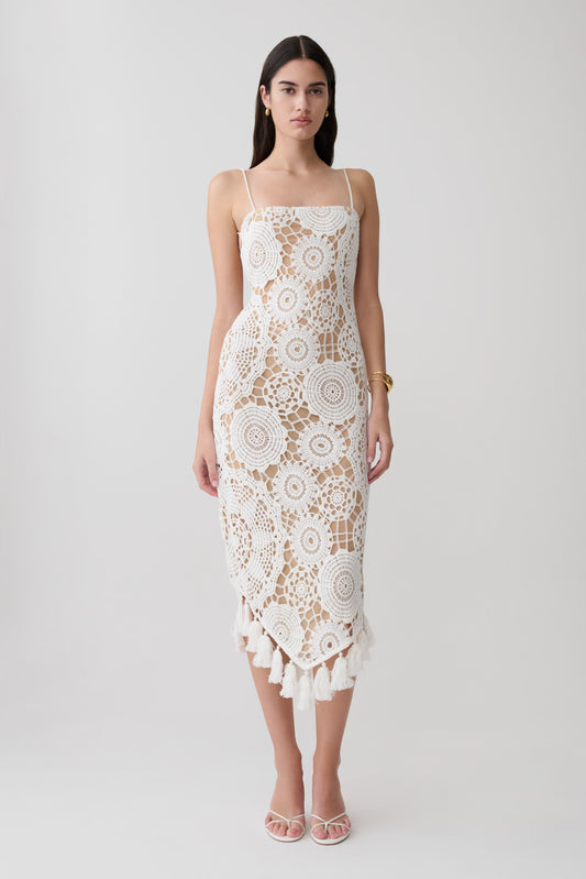 Delta Crochet Halter Midi Dress - White