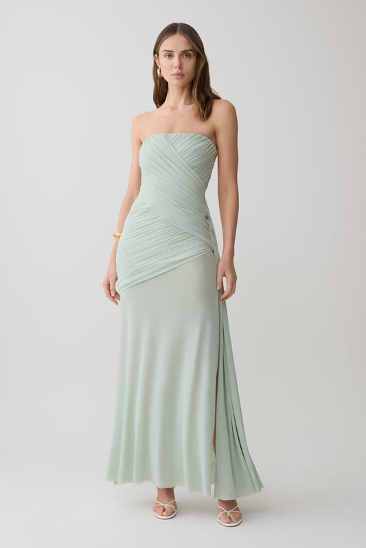 Monet Strapless Ruched Mesh Maxi Dress - Aqua Grey