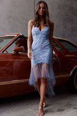 Mon Amour Lace Detail Tulle Mesh Hem Dress Steel Blue