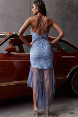 Mon Amour Lace Detail Tulle Mesh Hem Dress Steel Blue