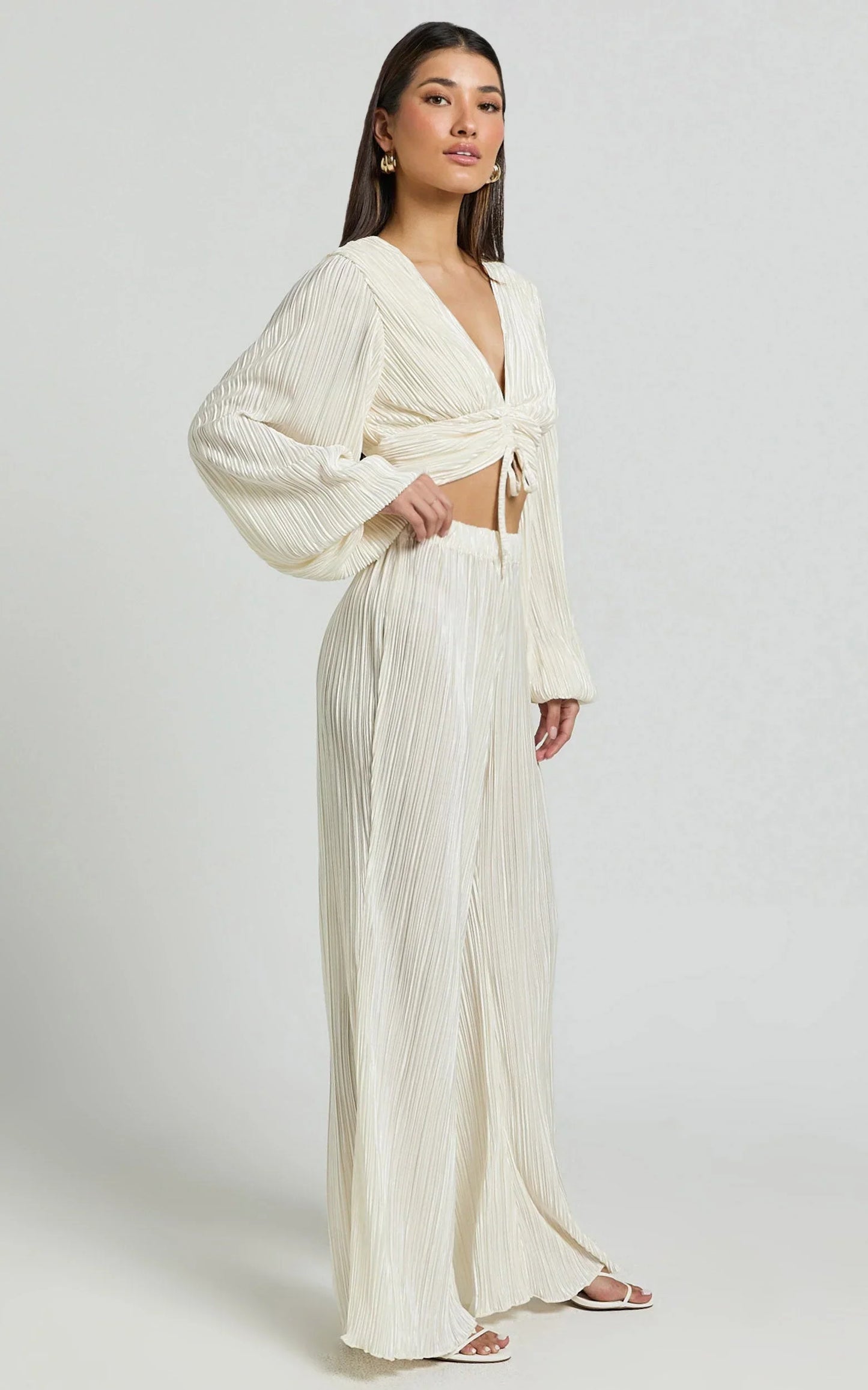 Beca Pants - High Waisted Plisse Flared Pants in Cream