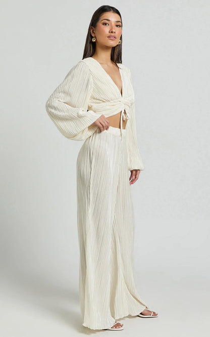 Beca Pants - High Waisted Plisse Flared Pants in Cream