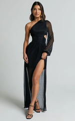 Arosa Maxi Dress - One Shoulder Long Sleeve in Black