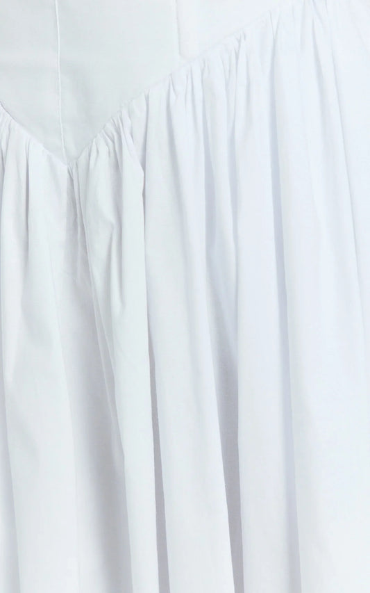 Beckett Midi Dress - Scoop Neck Drop V Waist Gathered Skirt Dress in White