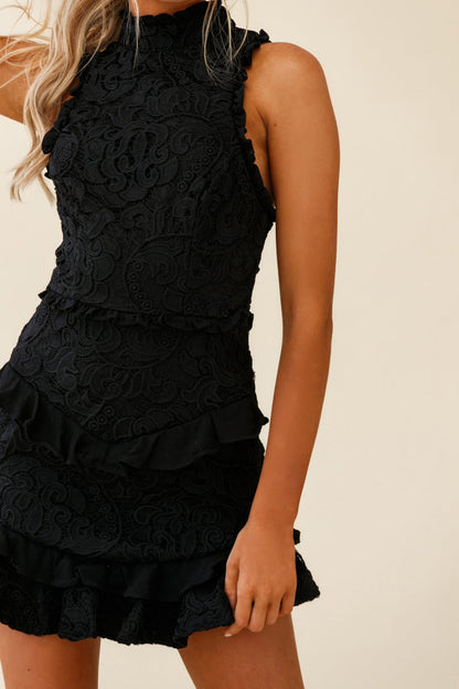 Osiris Sleeveless High Neck Lace Dress Black