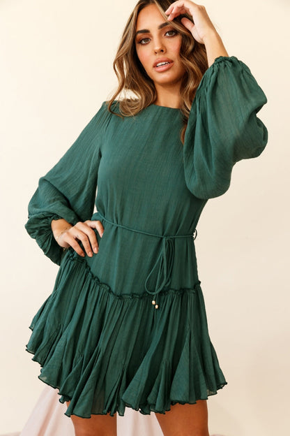 Rosabel Balloon Sleeve Fluted Hem Dress Green