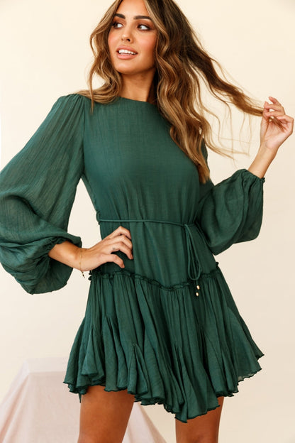 Rosabel Balloon Sleeve Fluted Hem Dress Green