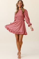 Marianna Long Sleeve Shirred Bust Dress Rose