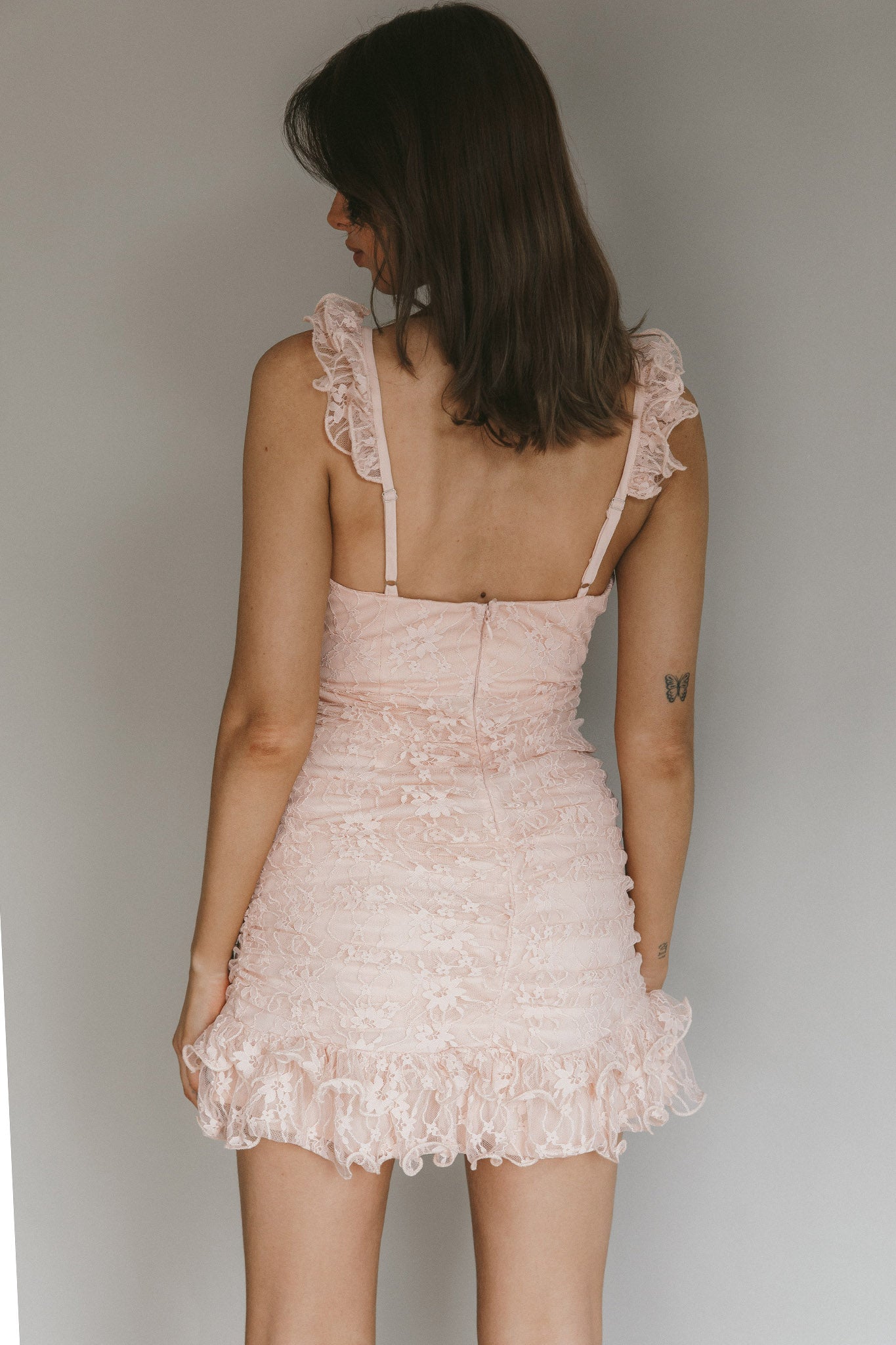 Kaley Ruched Side Layered Frill Hem Lace Mini Dress Blush