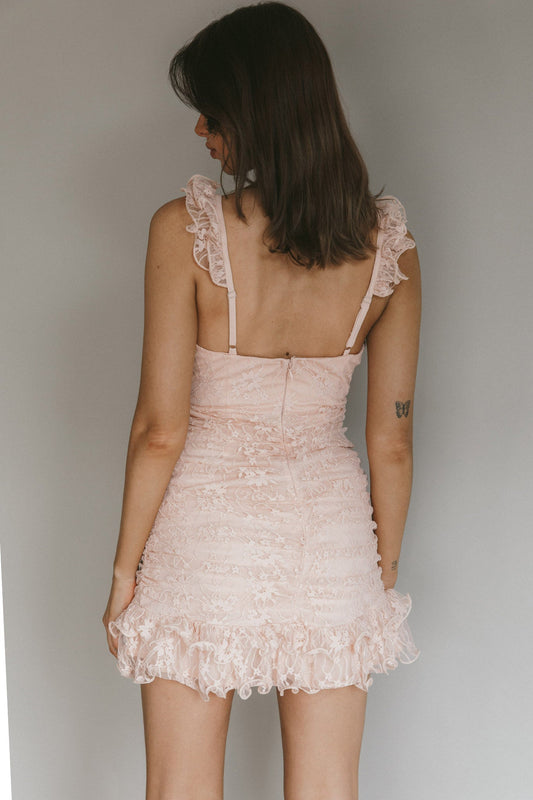 Kaley Ruched Side Layered Frill Hem Lace Mini Dress Blush