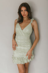 Kaley Ruched Side Layered Frill Hem Lace Mini Dress Sage