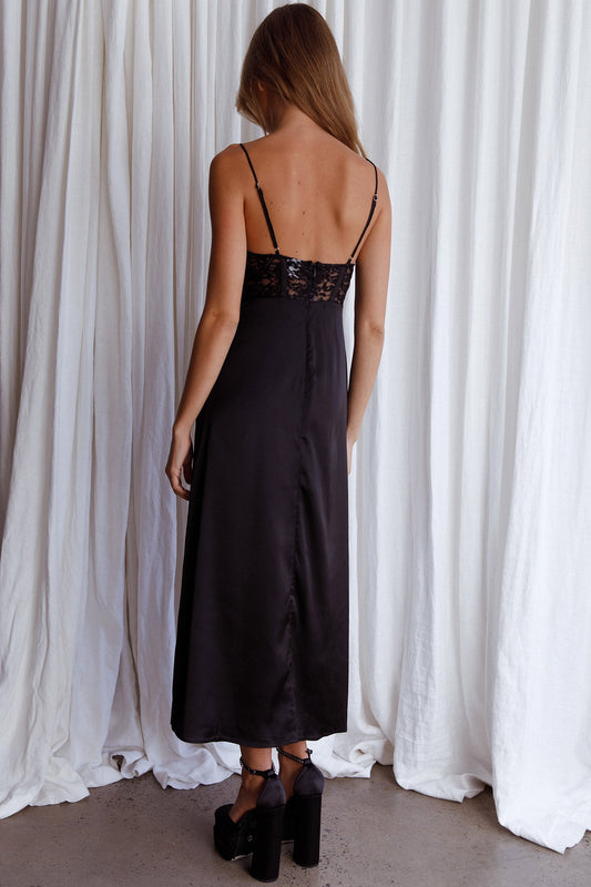 Trophy Lace Bodice Midi Dress Black
