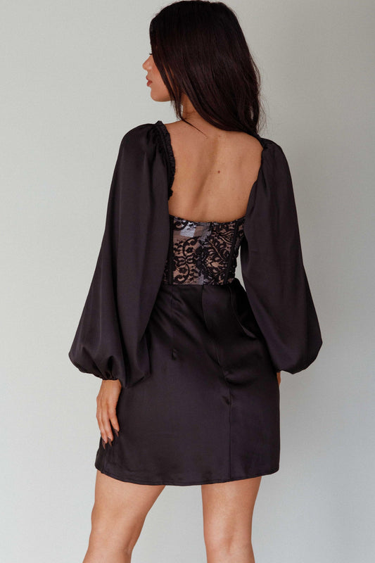 Trophy Long Sleeve Lace Bodice Mini Dress Black