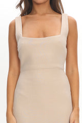 Sheena Square Neckline Side Split Midi Dress Beige
