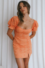 Norma Jean Puff Sleeve Piping Trim Eyelet Mini Dress Apricot