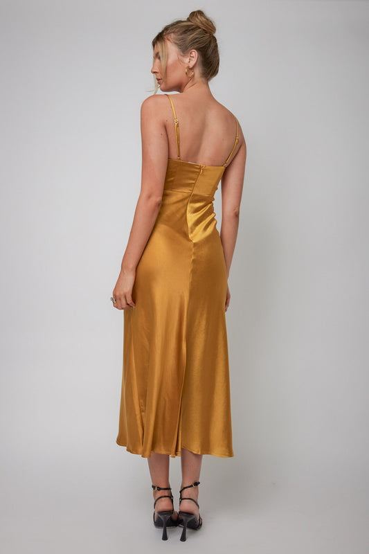 Infinity Pintuck Bust Midi Dress Mustard
