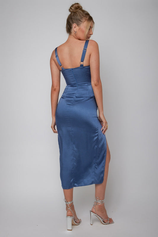 Kristin Knotted Waist Split Midi Dress Navy