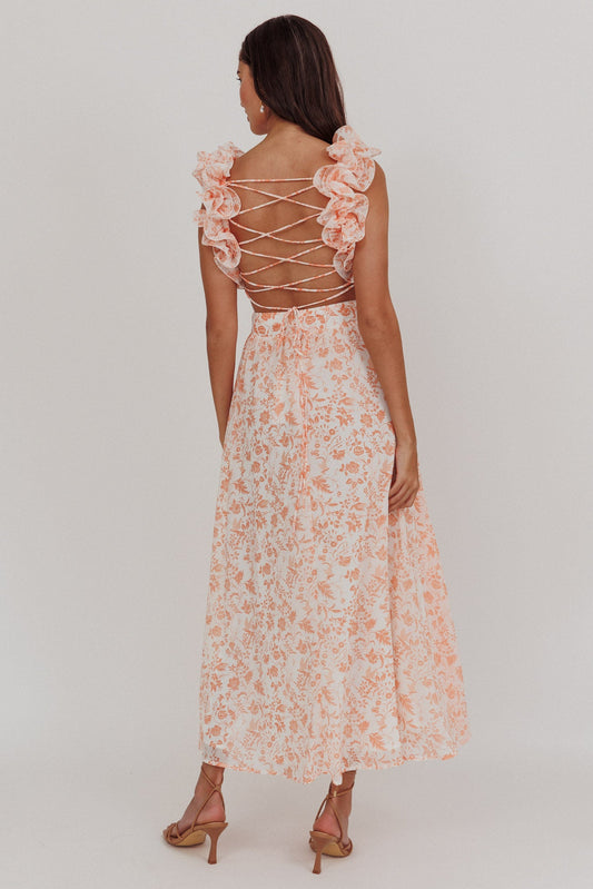 Madara Lace-Up Back Maxi Dress Flowers Orange