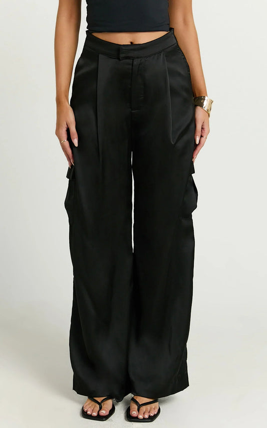 Amie Pants - High Waist Satin Tailored Cargo Pants in Black