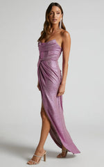 Adrie Midi Dress - Strapless Corset Bodice Dress in Pink