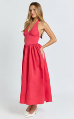 Belle Midi Dress - Keyhole Halter With V Yoke Dress in Red