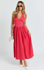 Belle Midi Dress - Keyhole Halter With V Yoke Dress in Red