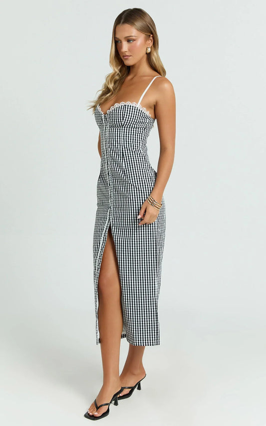 Anessa Midi Dress - Button Front Bustier Fitted Dress in Black