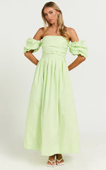 Annie Midi Dress - Off The Shoulder Ruffle Sleeve Pleated Dress in Lime