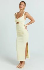Bianca Midi Dress - Twist Front Cut Out Ruched Dress in Lemon